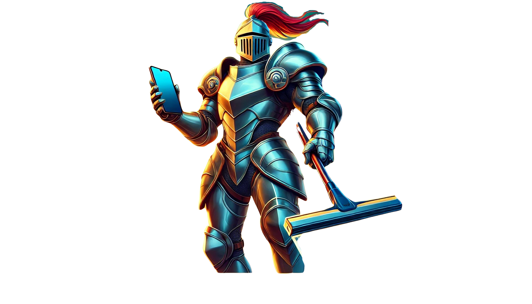The Window Knight in shining armor, ready to clean windows with a squeegee