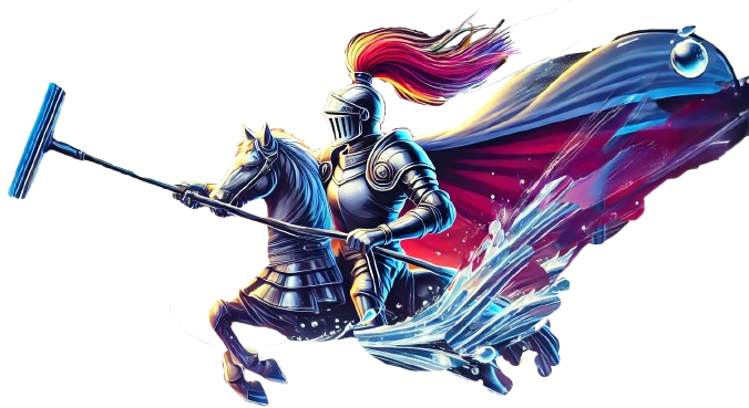 A knight on a watery horse, he is holding a squeegee pole and it defending against grime 