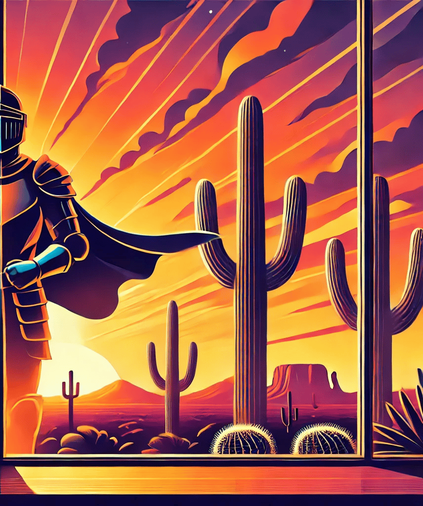 Stylized Window Knight armor artwork representing Scottsdale and Phoenix Arizona window cleaning services - left gate