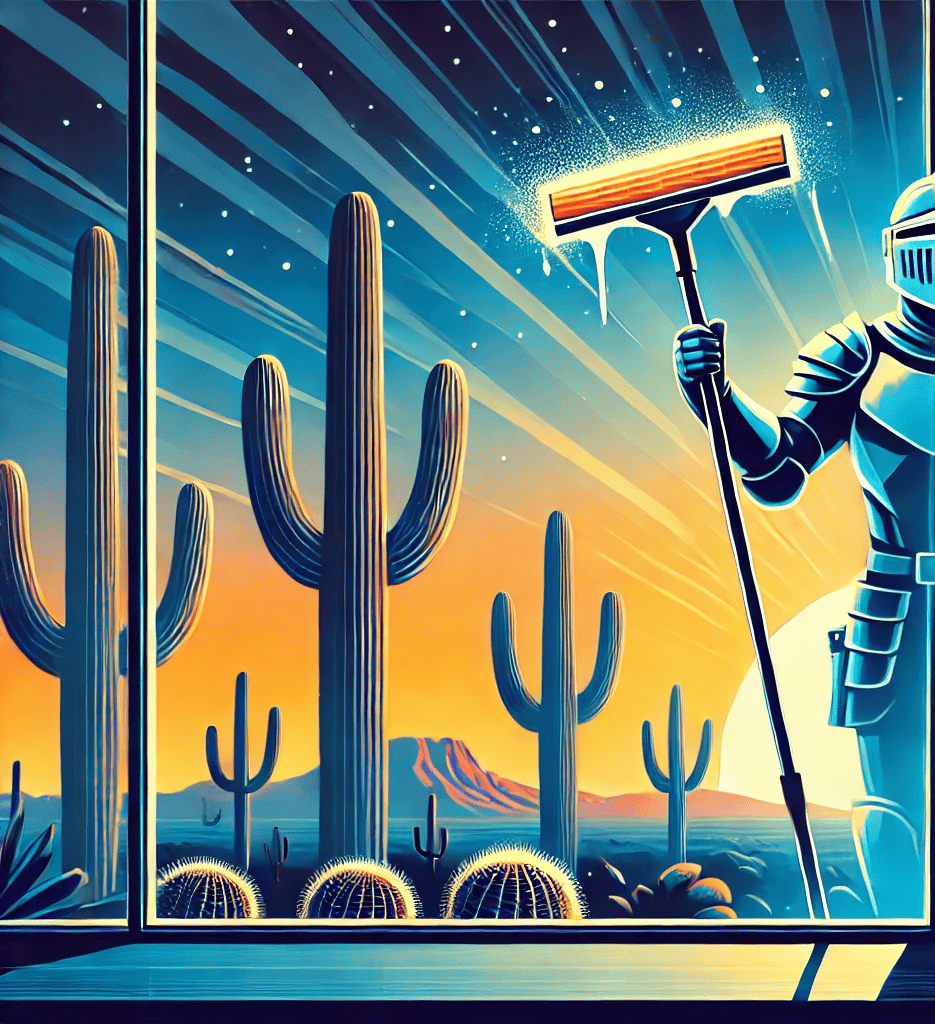 Stylized Window Knight armor artwork representing professional residential and commercial window cleaning in Arizona - right gate