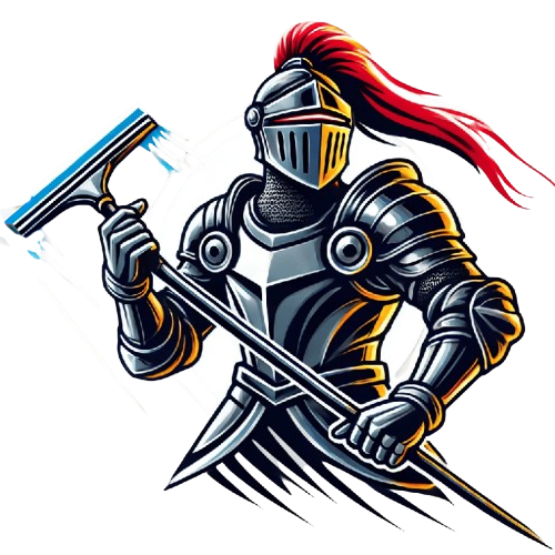 The Window Knight window cleaning mascot holding a squeegee inside a spotlight